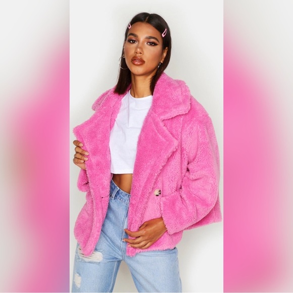 Boohoo Jackets & Coats Boohoo Pink Double Breasted Teddy Faux Fur